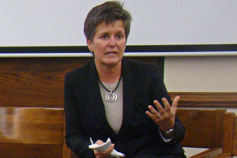 Danforth speaking with Masters students during her candidate luncheon