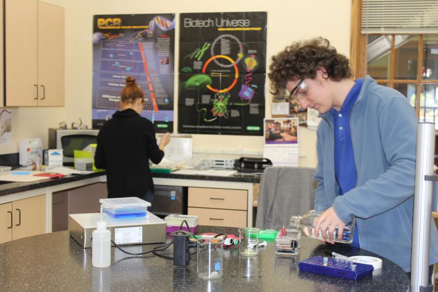 Senior Ben Church conducts an experiment with science teacher Dr. Catherine Boothroyd in the background.