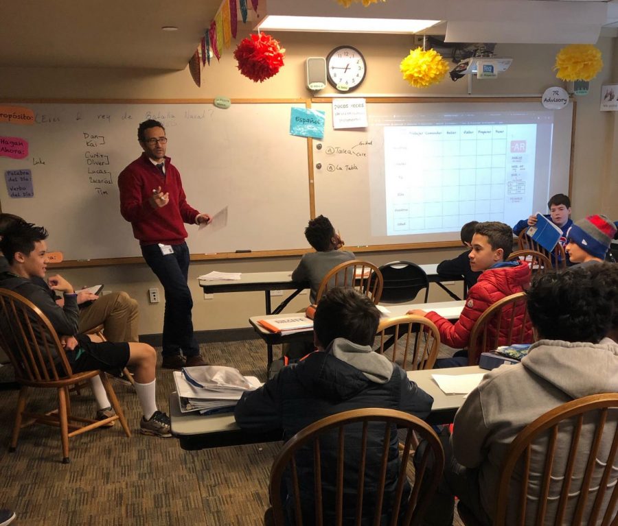 Middle school Spanish teacher Glenn Rodriguez lectures his all-boys seventh grade Spanish class. The class is a part of the gender-separate class system in the middle school.