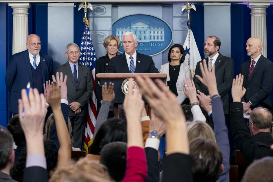 Vice President Mike Pence holds a press conference with Secretary of Health and Human Services Alex Azar and the White House Coronavirus Response Coordinator Dr. Deborah Birx Monday, March 2, 2020, in the White House Press Briefing Room.