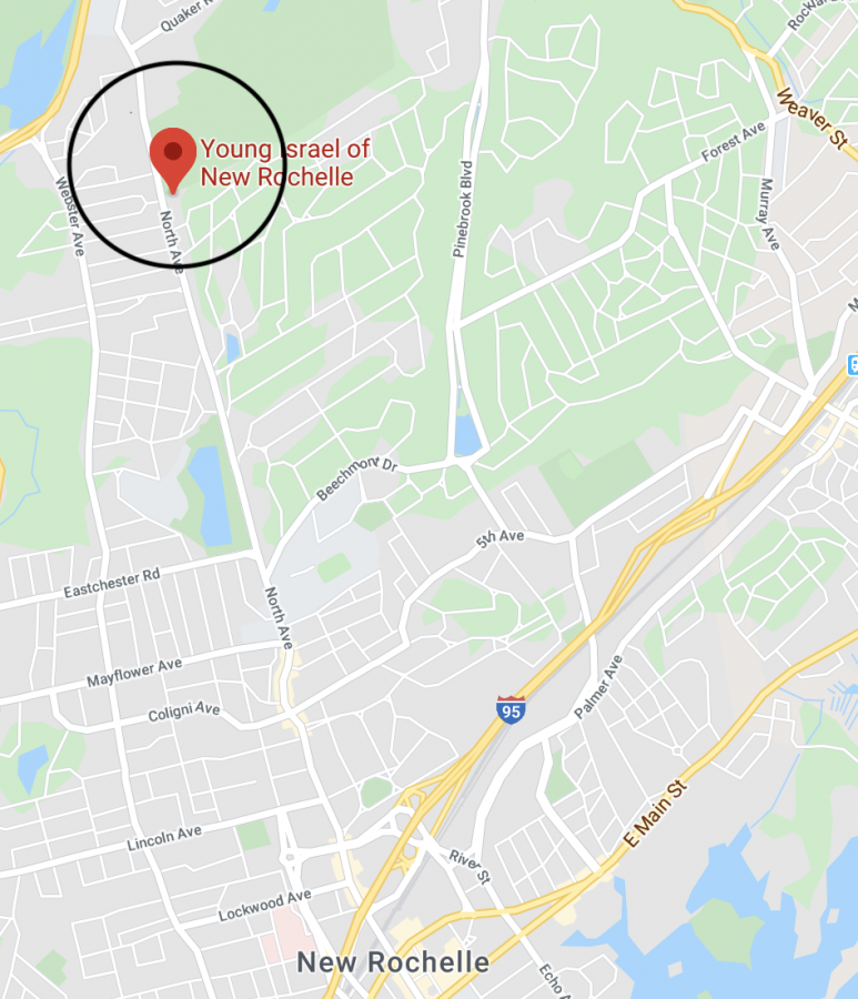 A google map image of New Rochelle, including the one-mile containment zone around Temple Young Israel of New Rochelle where Coronavirus transmission was at its highest in the area.