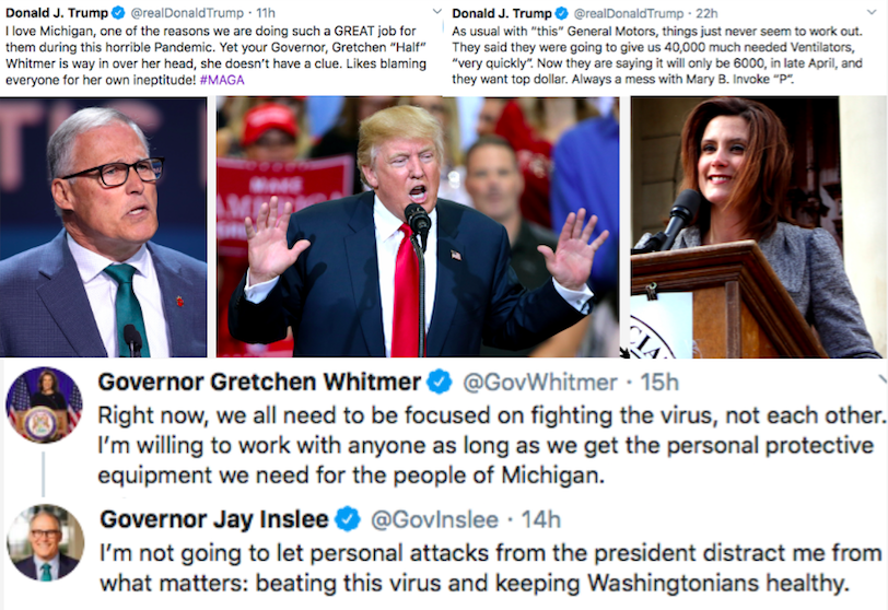 On Friday, President Donald Trump (middle) was highly critical of state governors, specifically Washingtons Jay Inslee (left) and Michigans Gretchen Whitmer (right), He has said they need to be appreciative of the work the federal government has done to combat the coronavirus and support Americans. He also invoked the Defense Production Act after General Motors wasnt cooperating, according to Trump.  