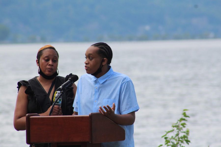 Leron Dugan '20 speaks at the Black Lives Matter rally at the Dobbs Ferry waterfront on June 4.