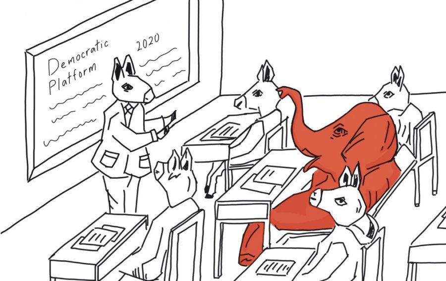 The classroom illustration shows the donkey as the teacher and the students as donkeys, except for one student who is an elephant. The donkeys represent democrats and the elephant is representative of republicans, and appears larger than the other students, following the idea of the elephant in the room.
