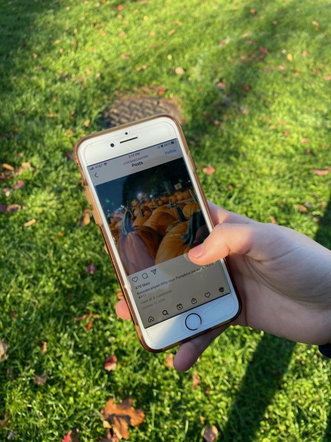 A student scrolls on Instagram, looking at Halloween images. The Masters School found maskless students posting on social media after Halloween parties, causing tension at school.
