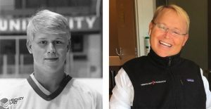 Travis Roy (left) as a young hockey player at Boston University. Roy's injury occurred 11 seconds into his college hockey career and caused his paralyzation. Roy (right) living a happy and positive live after his injury. 