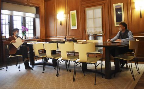 Head of School Laura Danforth (left) and Chief Financial Office Ed Biddle (right) converse in Danforth