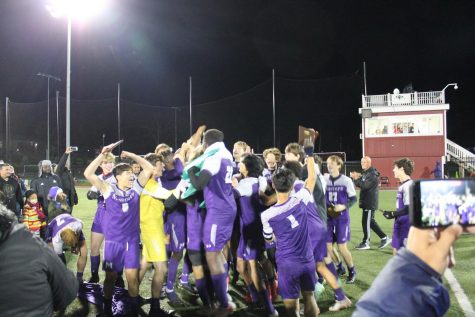 The boys varsity soccer team celebrates after their 2-1 win against Hackley in the schools first-ever NYSAIS championship. Despite the fact that the team did not play any games last year, they achieved their first major win in five years with this victory.