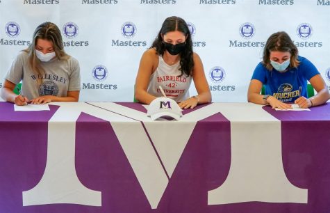 FROM LEFT TO RIGHT: Allie Koziarz ‘21, Brooke Tatarian ‘21, and Eliza Abady ‘21 sign their commitment  letters to play