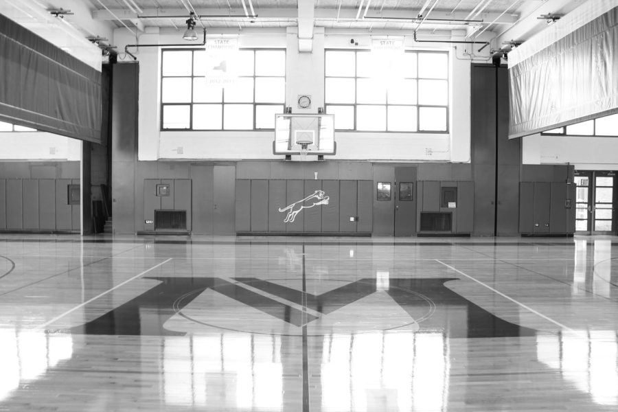 This logo, like many others on the wall, were chosen by the Athletic Department. The Gym includes 3 horizontal basketball courts, one shown in this image.

