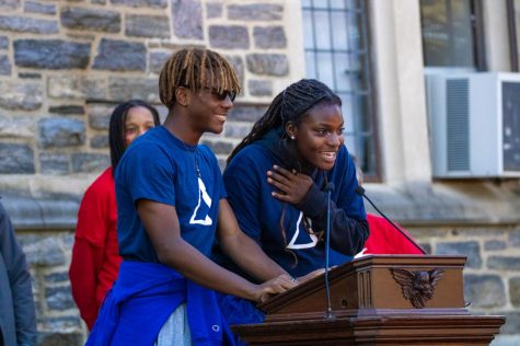 Upper School co-chairs Zahali Vauclena and Alexis Estime deliver remarks on Graduation Terrace. 