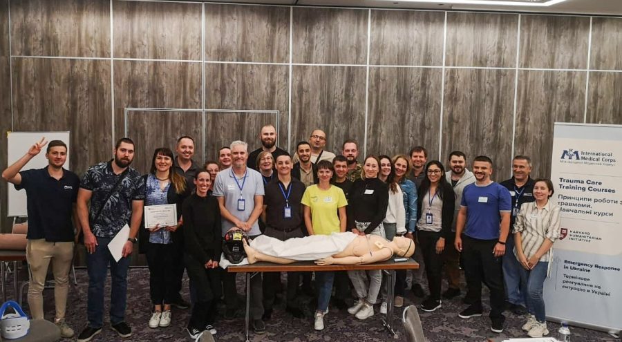 Harvard Humanitarian Initiative members and Roxanne Todor left middle gather in Ukraine to help emergency response efforts. They practiced Trauma Care Training Courses.  