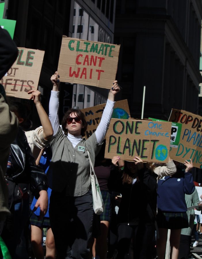 Student+demonstrators+holding+anti-climate+change+protest+signs+at+a+rally.