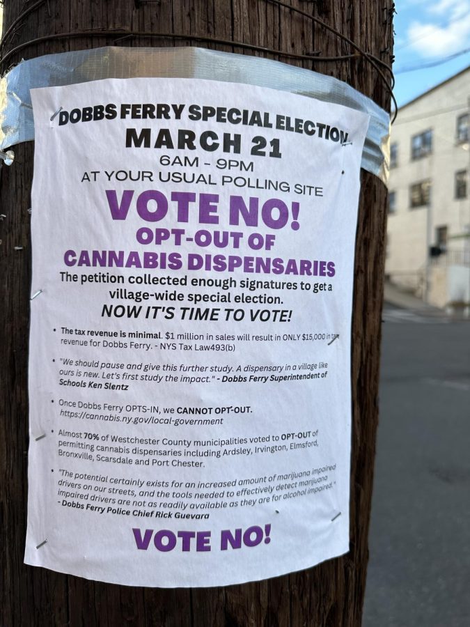 Posters were put up all around Dobbs Ferry, warning voters to reject dispensaries.