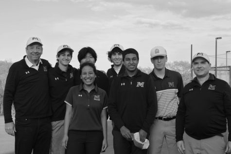 THE VARSITY GOLF TEAMS celebrate after a successful match on the green. The teams are enjoying their new look as two separate programs. The girls team has 13 golfers and the boys team has 11.