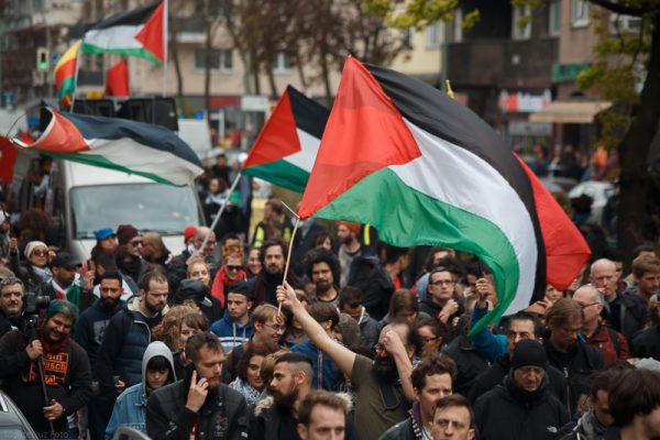 Palestinian supporters at a rally, protesting for Palestinian rights in 2021. In todays current conflict, many cities around the world have held Pro Palestinian rallies.