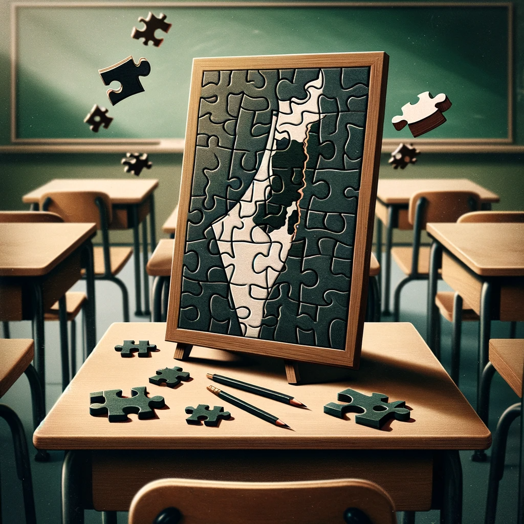 
This Image was generated by Dall-e. Wood puzzle pieced fly from and around an abstract Israel-Palestine model on a classroom desk, embodying the educational approach to complex geopolitical topics inn the classroom.