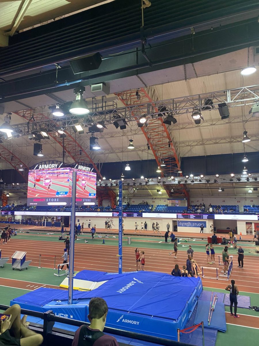 The interior of the Armory Track in NYC, setting of the Master’s Winter Track Team’s impressive performance at their third league meet.