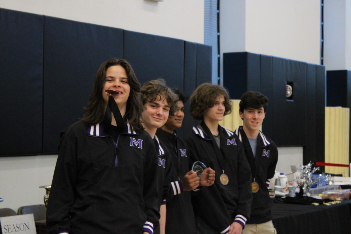 Milo Wallach26, Thomas Garison 26, Gharvin Ramnarase24, John Thorn26 and Charlie Haas25 pose with their 3rd place boys foil award for the championship
