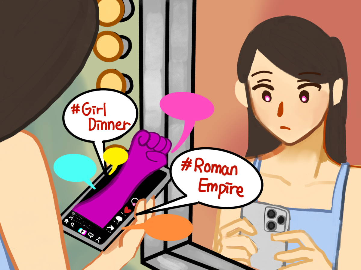 Viral TikTok trends like #Girldinner #FitTok #RomanEmpire that appear on social media have had impacts on users. 
Picture illustrated by Chana Kim.