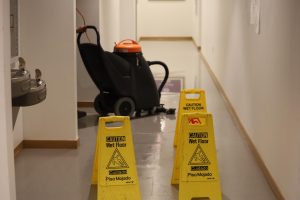 Water briefly accumulated in the hallway in front of the Dean Suit in Masters Hall after a storm passed through the area at around 10 a.m. on May 23. 