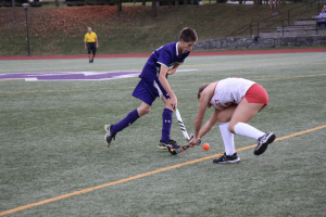 Midfielder Nick Holz '27 dodges past a Brearley defender in a thrilling, hard-fought game that ended in a 4-3 win for Masters on Oct. 4 home game, their second win of the year. (Photo: Marissa Goldfarb)