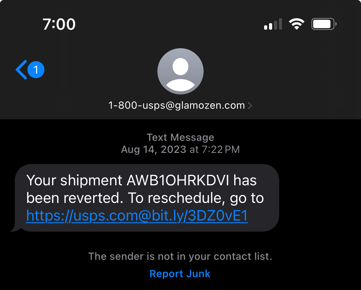 Glamozen's bit.ly account attempting to glean some financial information in this USPS smishing scam