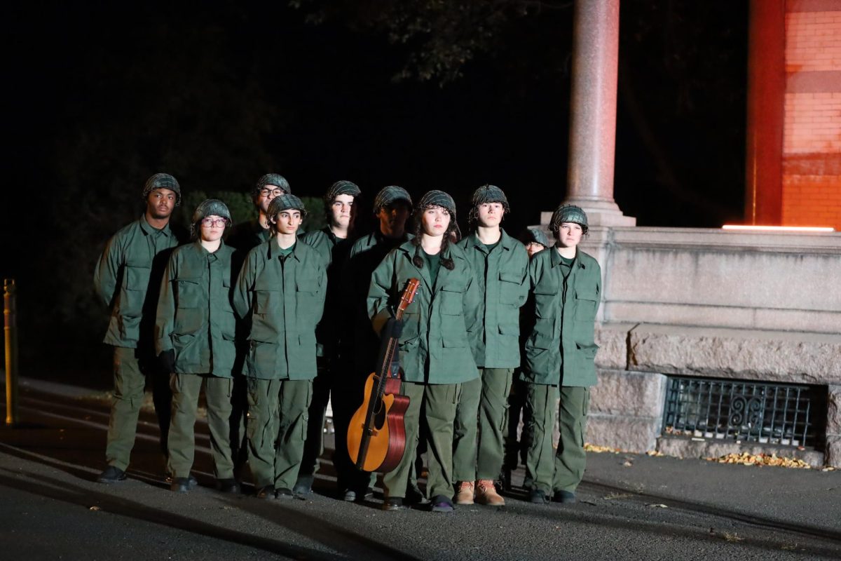 The messengers and guards of Antigone dressed in solider uniforms to indicate the war-time period. 