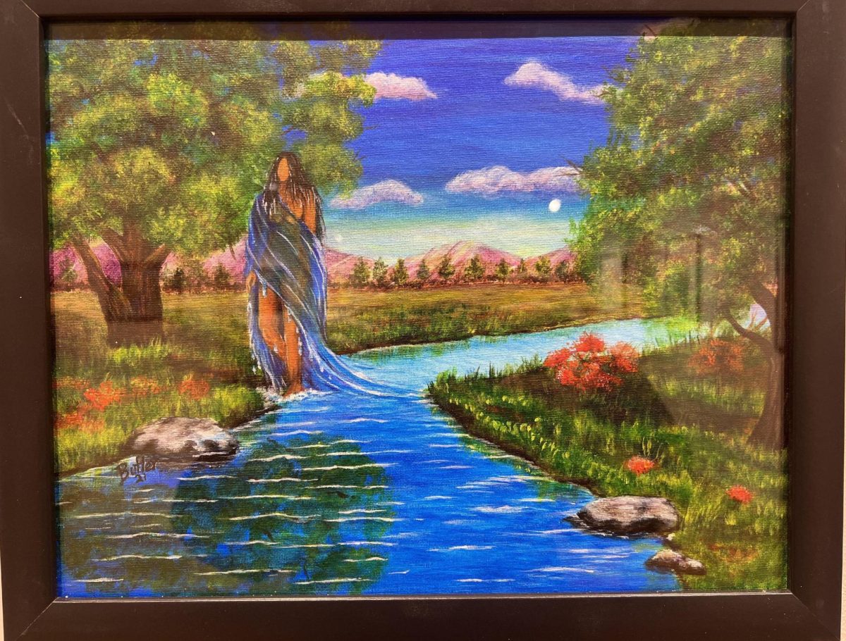 One former member of RTA, Gary Butler, enjoys painting landscapes and wildlife. In this artwork, he painted water wrapping itself around a women walking along a riverbank.
