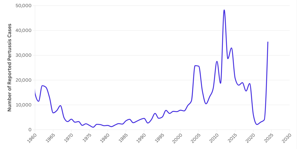 The sharp increase in 2024 to 35,493 cases marks a significant jump, making it the highest number of cases reported since 2012 at 48,277 cases, which had been the peak year since the 1951 post-war outbreak with 68,687 cases.