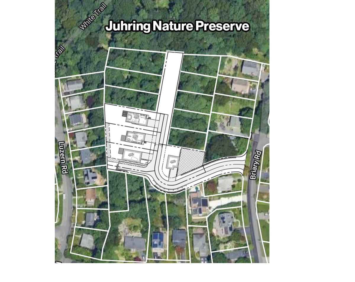 The proposed development plans for the Knoll area, overlaid on the current landscape. This map shows the planned transformation of protected woodland to residential buildings. Image derived from public planning documents by Hudson Engineering & Consulting, P.C., accessible via the Village of Dobbs Ferry.