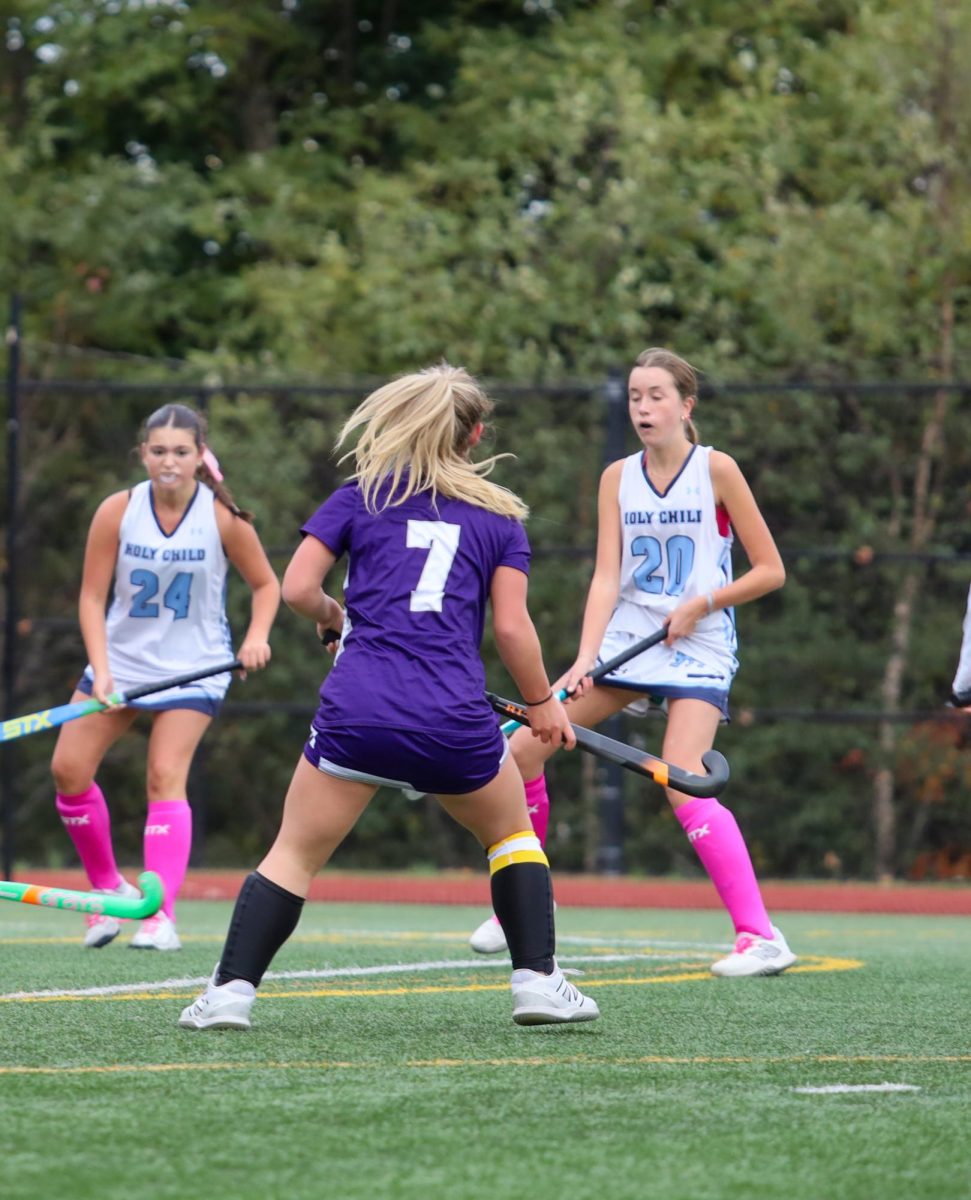 Leila Gross '27 contends in a varsity Girls Field Hockey match on against Holy Child on October 23rd 2025.