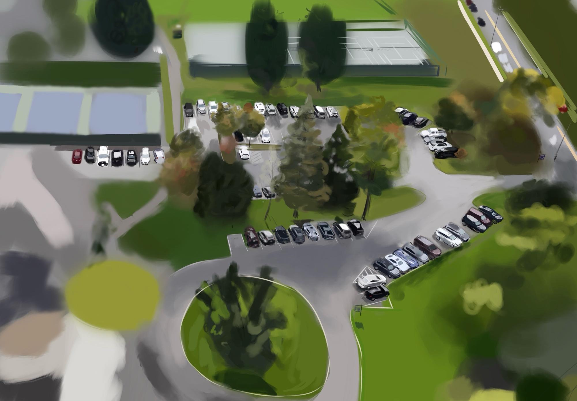 Illustration of the Masters School senior parking lot. The parking lot is packed with cars starting at 8am. Students in cars stake out their territory, and arguments erupt when juniors and staff members infiltrate. This parking lot is limited to seniors per the student handbook.