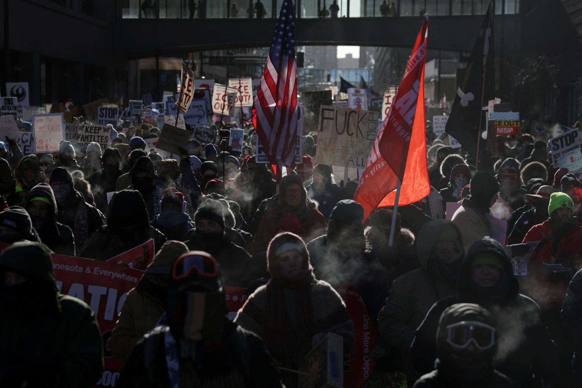 Demonstrators take part in a rally on the day of a general strike to protest U.S. President Donald Trump's deployment of thousands of immigration enforcement officers on the streets of Minneapolis, Minnesota, U.S., January 23, 2026. REUTERS/Evelyn Hockstein