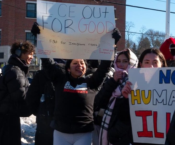 Students stand in front of the Chesnut Market gas station on Ashford Avenue. Demonstrators chanted anti-ICE slogans, and, at the end of the school day, a number of students took the train into New York City to join additional protests.