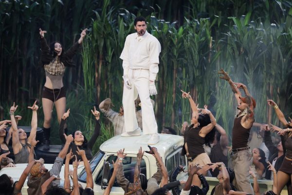 Super Bowl LX - Half-Time Show - New England Patriots v Seattle Seahawks - Levi's Stadium, Santa Clara, California, United States - February 8, 2026 Bad Bunny performs during the halftime show REUTERS/Jeenah Moon