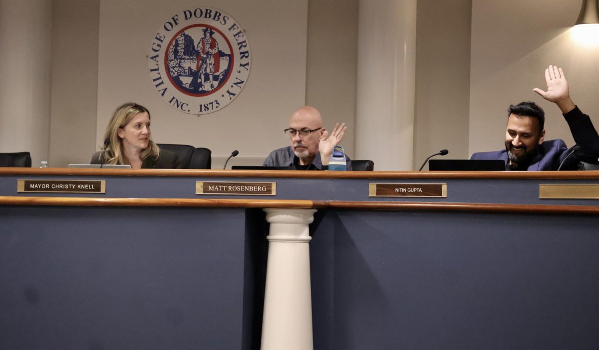 Mayor of Dobbs Ferry Christy Knell (left) and Trustees Matt Rosenberg (middle) and Nitin Gupta (right), vote. The resolution passed unanimously and has received only positive feedback from the community. 