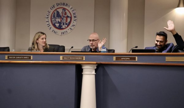 Mayor of Dobbs Ferry Christy Knell (left) and Trustees Matt Rosenberg (middle) and Nitin Gupta (right), vote. The resolution passed unanimously and has received only positive feedback from the community. 