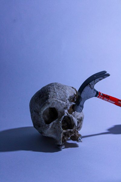 A hammer crashes down on a
skull, symbolizing the negative mental and physical effects of looksmaxxing. A common looksmaxxing technique, “bone-smashing,” harms participants in the hopes of creating micro frac-
tures to increase bone mass. While
no students have gone on the record as having engaged in bone-smashing, they have talked about various other ways in which they have succumb to the trend of looksmaxxing.