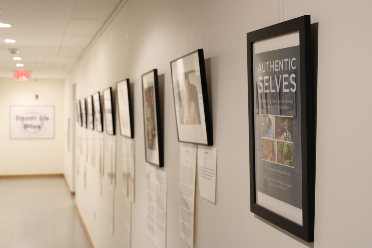 The hallway leading toward Student Life Office holds a gallery of transgender and nonbinary people. These portraits aim to inspire support for trans individuals. The larger purpose of the project is to highlight transgender people in spite of legislation which vilifies them.