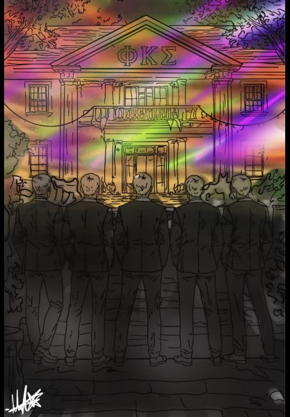 Fraternity members march up to their shared frat house. The multi-colored lights indicate that a party is being hosted. Their uniform dress and arrangement eludes to their conformity.