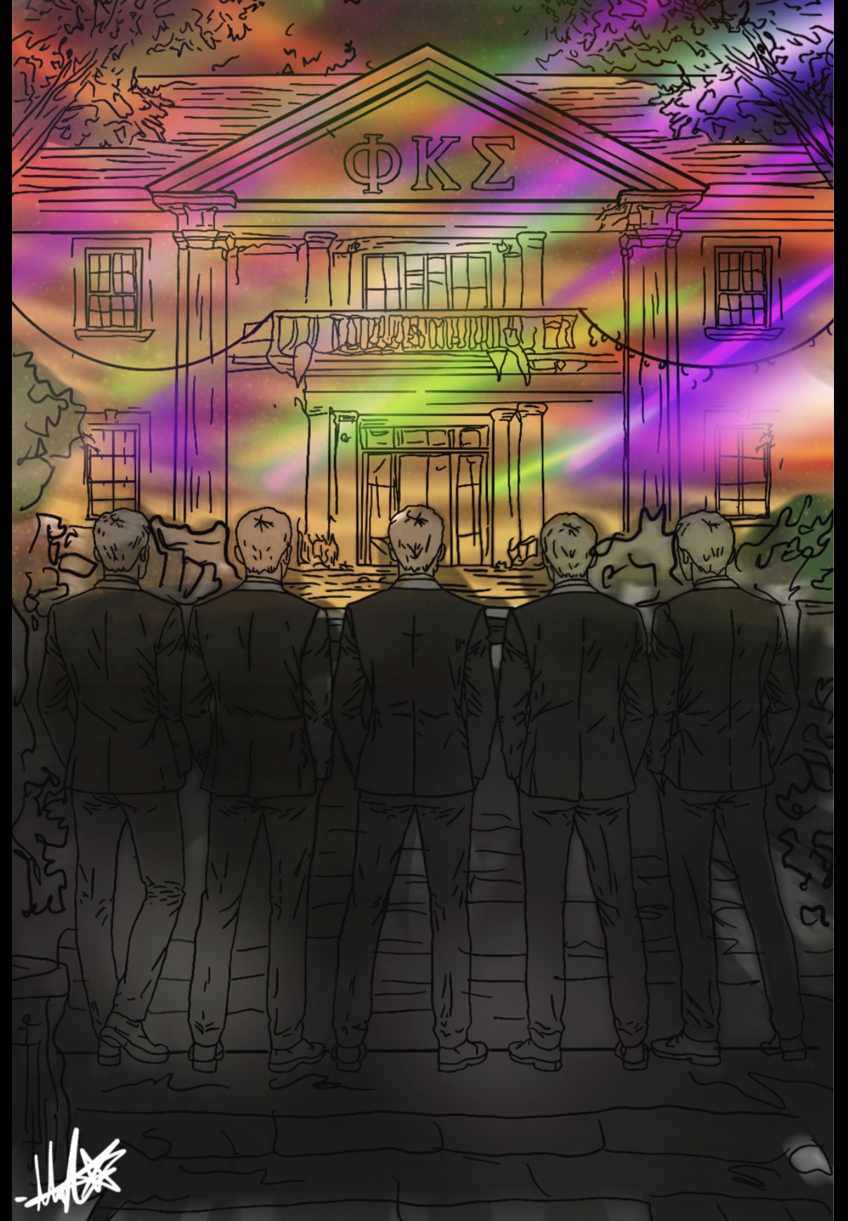 Fraternity members march up to their shared frat house. The multi-colored lights indicate that a party is being hosted. Their uniform dress and arrangement eludes to their conformity.