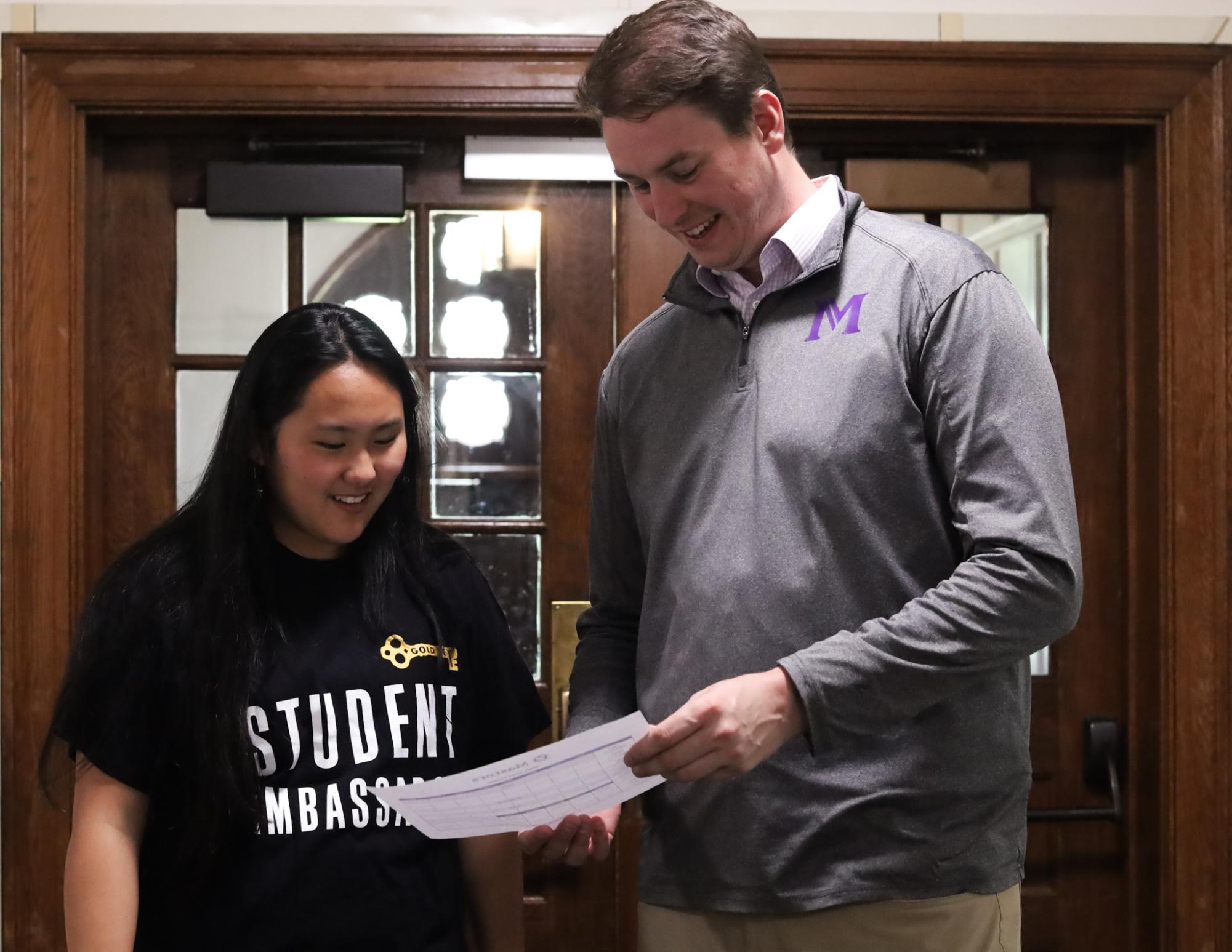 Jack Stevens, the senior associate director of boarding admissions,
speaks with Rio Imanishi ‘28 a member of Gold Key. As Masters recieves more and more applications he continues to build relationships with prospective families.