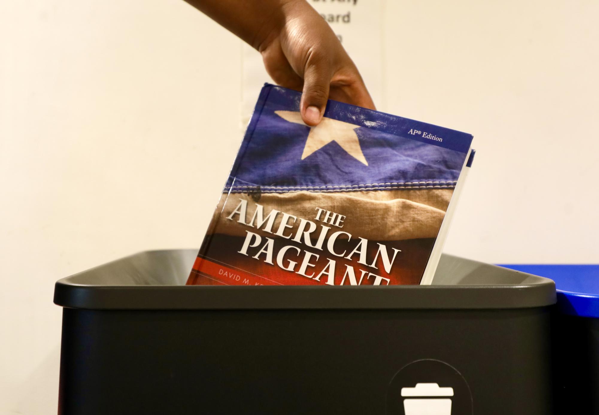 A student throws out a used AP U.S. History textbook. Instead of letting usable textbooks go to waste, the Masters Parent Association has organized “Book Palooza,” a book swap program that helps make textbooks more accessible and affordable for students. In this article, Gao discusses student and parent-led efforts to reduce textbook waste on campus.